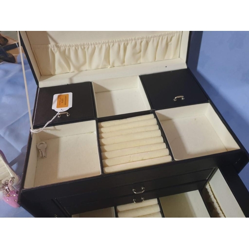6 - Large Black Colour Jewelery Box with Drop-Down Front and Lift-Up Top, Concealing Drawers, Ring Holde... 