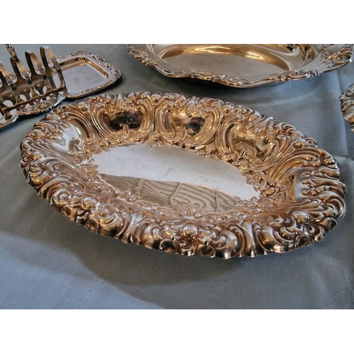 216 - Collection of Decorative Silver Plated Tableware; 3 x Shapely Serving Dishes / Bowls and Toast Rack ... 