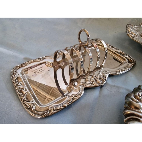 216 - Collection of Decorative Silver Plated Tableware; 3 x Shapely Serving Dishes / Bowls and Toast Rack ... 