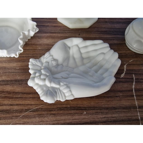 306 - Collection of Milk Glass; Octagonal Shaped Fruit Bowl, 'Hand' Dish, Shaped Dish with Handle and Vase... 