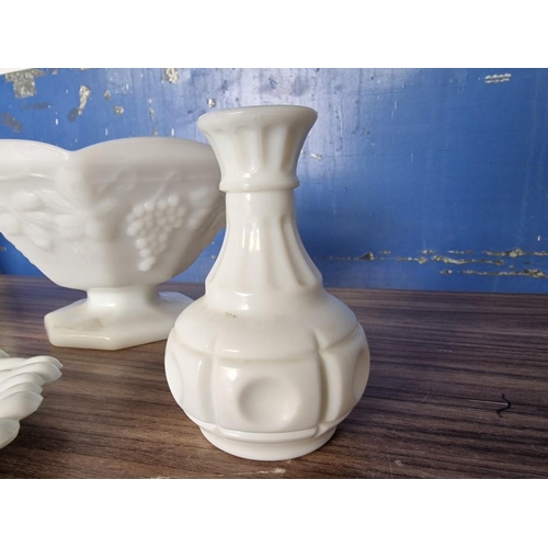 306 - Collection of Milk Glass; Octagonal Shaped Fruit Bowl, 'Hand' Dish, Shaped Dish with Handle and Vase... 