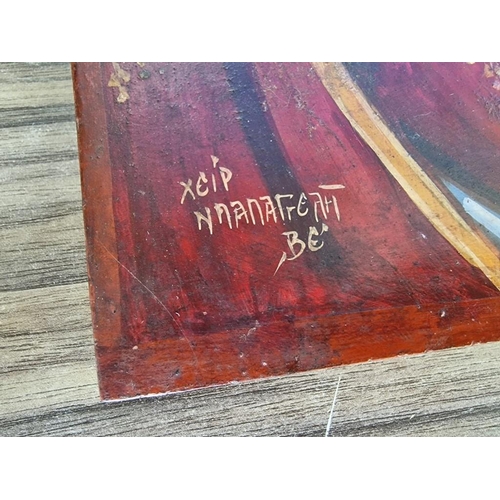 308 - Hand Painted Icon on Board, Signed Lower Left Corner, (Approx. 30 x 46cm)