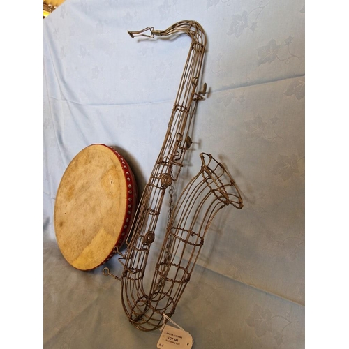 346 - Drum (a/f) and Metal Saxophone Ornament (H: 60cm), (2)