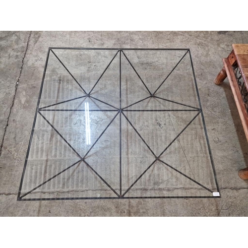 353 - Large Square Wrought Iron & Glass Top Coffee Table with Triangular Support / Base,(Approx. 120 x 120... 