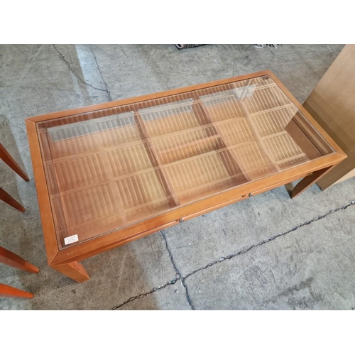 303 - Light Wood Rectangular Glass Top Display Coffee Table with Full Length Sectional Drawer, (Approx. 12... 