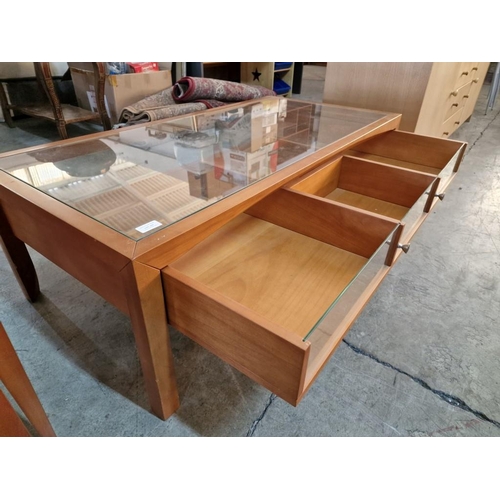 303 - Light Wood Rectangular Glass Top Display Coffee Table with Full Length Sectional Drawer, (Approx. 12... 