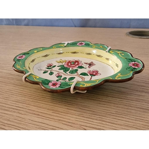 234 - Vintage Enameled Chinese Canton Dish with Floral Design and Wall Rack, (Approx. 15 x 11cm Overall)