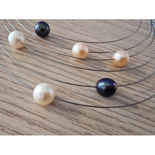 235 - 'Coloured Rocks' Sterling Silver 6-Loop / Strand Necklace Each with Different Coloured Pearl Effect ... 