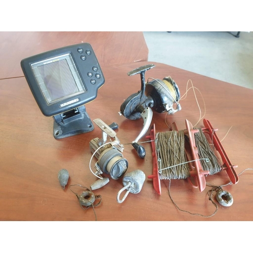 698 - Humminbird Wide Eye M Fish Finder, Together with Box of Fishing Accessories (Reels & Weights), Untes... 