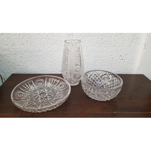 702 - Bohemia Crystal Set Large Vase (H:26cm) Fruit Bowl (Ø20cm x H:10cm) and Cake Plate (Ø28cm)