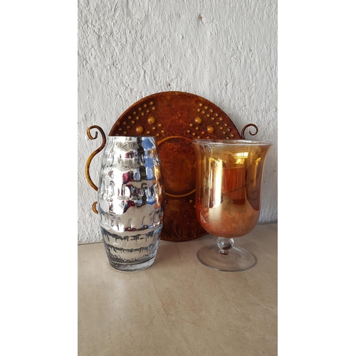 662 - Home Decor; Modern Case (H:26cm) Glass Candle Holder (H:25cm) and Large Decorative Metal Tray / Cand... 