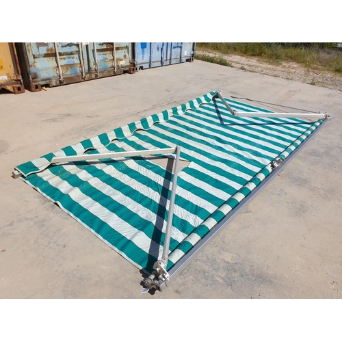 675 - Awning / Canopy, Manual Wind with Green & White Material (A/F), with 3 x Wall Brackets, (Approx. W: ... 