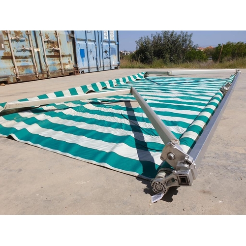 675 - Awning / Canopy, Manual Wind with Green & White Material (A/F), with 3 x Wall Brackets, (Approx. W: ... 