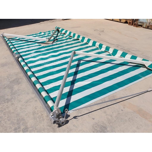 675 - Awning / Canopy, Manual Wind with Green & White Material (A/F), with 3 x Wall Brackets, (Approx. W: ... 