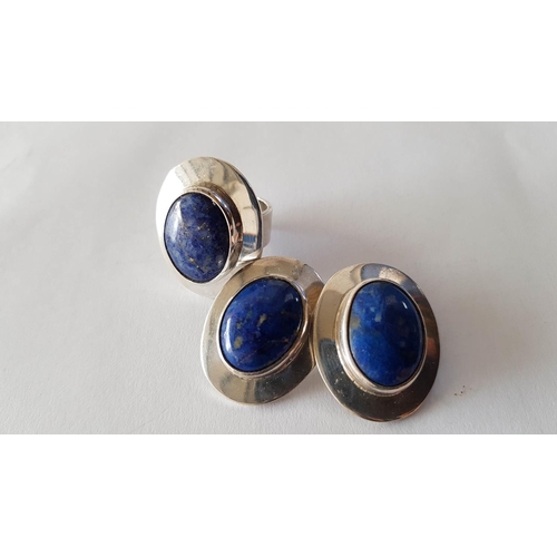 681 - Silver Set Ring and Pair of Clips with Large Blue Lapis in Center