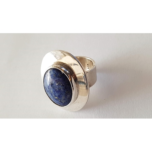 681 - Silver Set Ring and Pair of Clips with Large Blue Lapis in Center