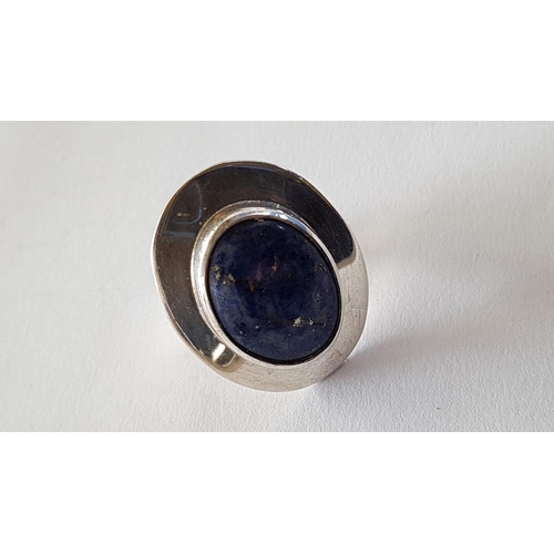 681 - Silver Set Ring and Pair of Clips with Large Blue Lapis in Center