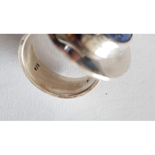 681 - Silver Set Ring and Pair of Clips with Large Blue Lapis in Center