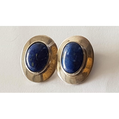 681 - Silver Set Ring and Pair of Clips with Large Blue Lapis in Center