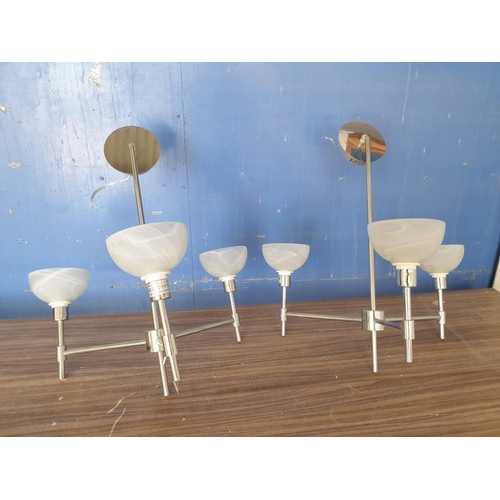 683 - Pair of Modern 'Herstal Cole Chandelier' Chrome 3-Spot Ceiling Lights with Alabaster (?) Shades (2)