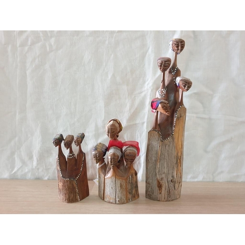 704 - Collection of 3 x Carved Wood Ornaments, Each with 3 or 4 Carved Heads, (Heights: 15, 18 and 34cm), ... 