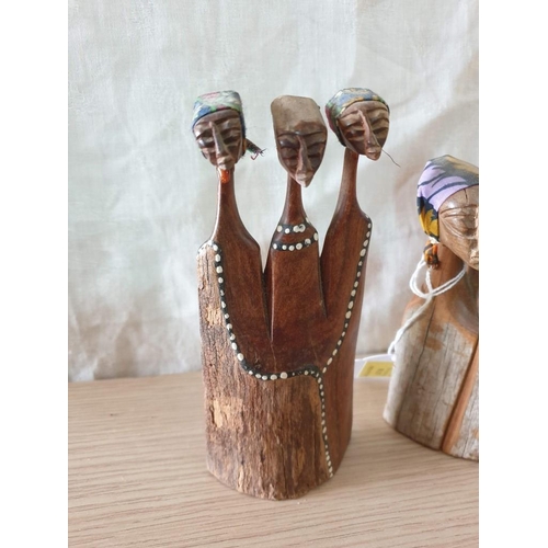 704 - Collection of 3 x Carved Wood Ornaments, Each with 3 or 4 Carved Heads, (Heights: 15, 18 and 34cm), ... 