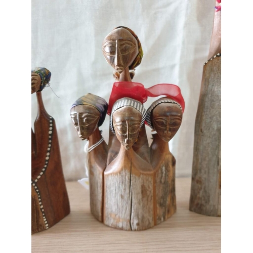 704 - Collection of 3 x Carved Wood Ornaments, Each with 3 or 4 Carved Heads, (Heights: 15, 18 and 34cm), ... 