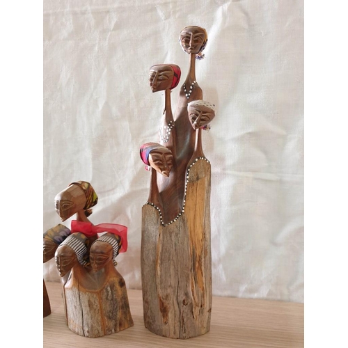704 - Collection of 3 x Carved Wood Ornaments, Each with 3 or 4 Carved Heads, (Heights: 15, 18 and 34cm), ... 