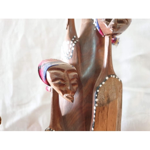 704 - Collection of 3 x Carved Wood Ornaments, Each with 3 or 4 Carved Heads, (Heights: 15, 18 and 34cm), ... 