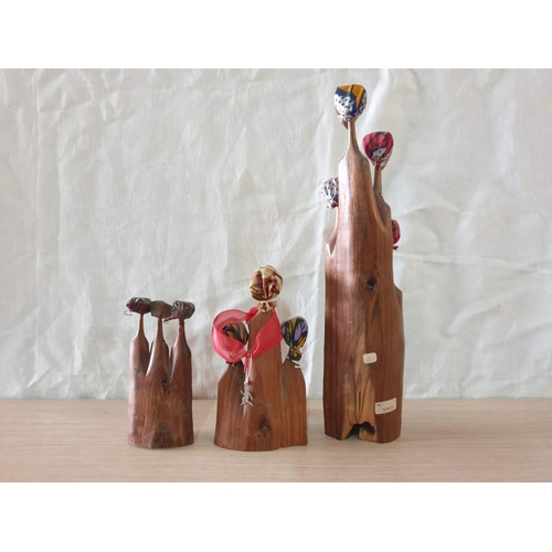 704 - Collection of 3 x Carved Wood Ornaments, Each with 3 or 4 Carved Heads, (Heights: 15, 18 and 34cm), ... 