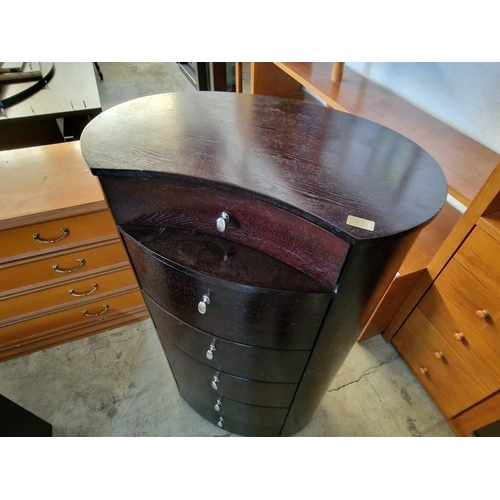 132 - Dark Wood Effect Oval Shaped 6-Drawer Tall-Boy / Chest of Drawers, (Approx. 70 x 49 x 122cm)