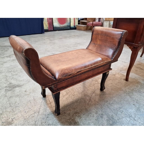 303 - Classical Style Leather Effect Bench Seat with Studded Scroll Arms and Cabriole Legs