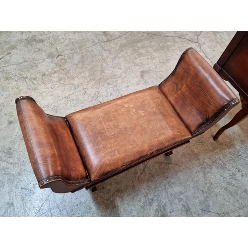 303 - Classical Style Leather Effect Bench Seat with Studded Scroll Arms and Cabriole Legs