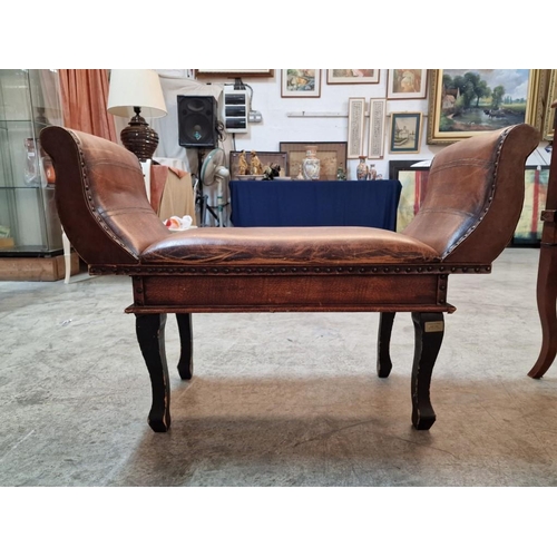 303 - Classical Style Leather Effect Bench Seat with Studded Scroll Arms and Cabriole Legs