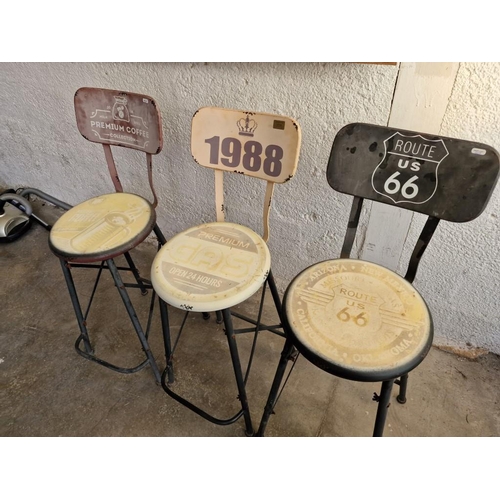 384 - 3 x Metal Bar Stools with Back Rests and Advertising, (A/F), (3)