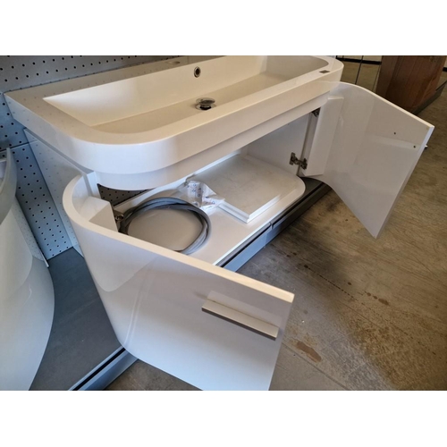 389 - Large Modern Designer White Vanity Sink Unit with Large Bathroom Sink Over Gloss White Double Cupboa... 