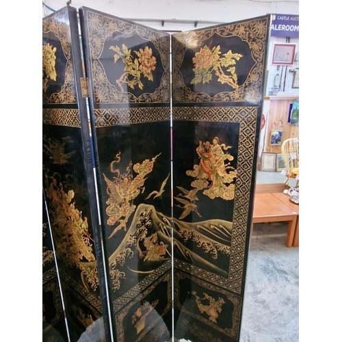 102 - Highly Decorated 6-Part Folding Screen / Room Divider,  Black Lacquer and Double Sided Pattern / Sce... 