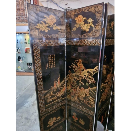 102 - Highly Decorated 6-Part Folding Screen / Room Divider,  Black Lacquer and Double Sided Pattern / Sce... 