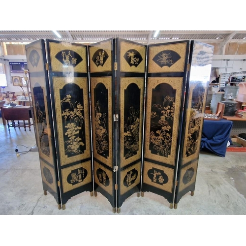 102 - Highly Decorated 6-Part Folding Screen / Room Divider,  Black Lacquer and Double Sided Pattern / Sce... 