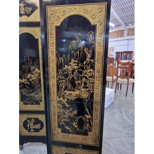 102 - Highly Decorated 6-Part Folding Screen / Room Divider,  Black Lacquer and Double Sided Pattern / Sce... 