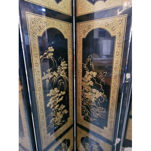 102 - Highly Decorated 6-Part Folding Screen / Room Divider,  Black Lacquer and Double Sided Pattern / Sce... 