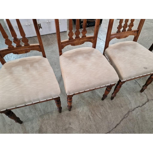 103 - 3 x Antique Wooden Dining Chairs with Carved Backs, Over Turned Front Legs with Padded Fabric & Stud... 