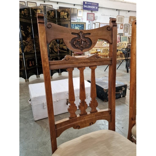 103 - 3 x Antique Wooden Dining Chairs with Carved Backs, Over Turned Front Legs with Padded Fabric & Stud... 