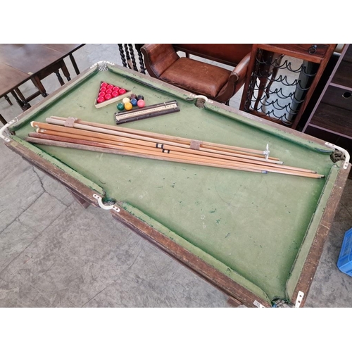 105 - Vintage Snooker Table with Slate Bed, Various Cues and Rests, Snooker Balls and Score Board, (A/F), ... 