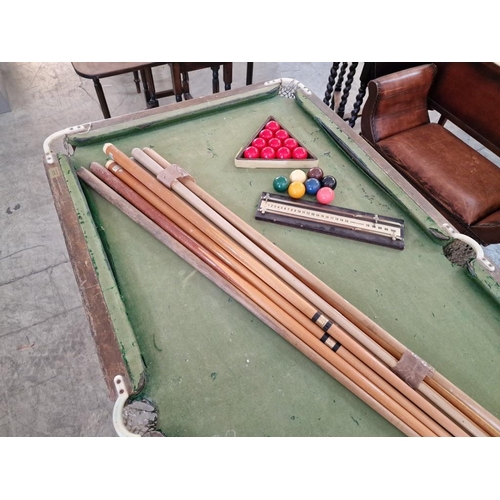 105 - Vintage Snooker Table with Slate Bed, Various Cues and Rests, Snooker Balls and Score Board, (A/F), ... 