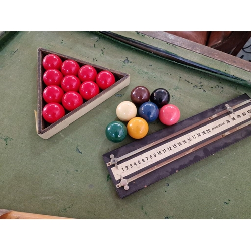 105 - Vintage Snooker Table with Slate Bed, Various Cues and Rests, Snooker Balls and Score Board, (A/F), ... 