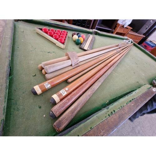 105 - Vintage Snooker Table with Slate Bed, Various Cues and Rests, Snooker Balls and Score Board, (A/F), ... 