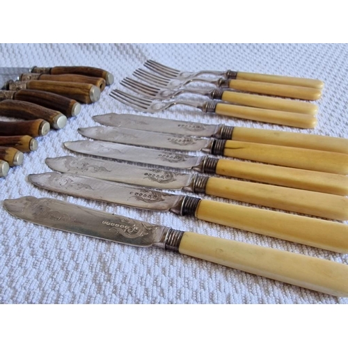 116 - Set of 6 x Fish Knives with 4 x Forks , Silver Plated with Bone Handle, Together with 6 x Forks and ... 