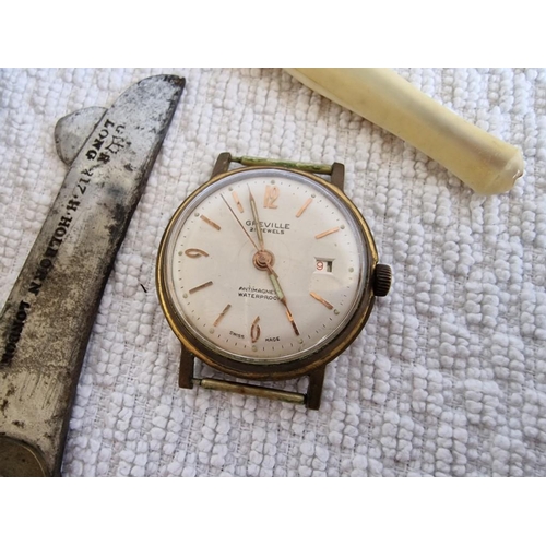 117 - White Metal Hip Flask, Carved Bone Pipe, 'Greville' Watch and Vintage Folding Knife, (4)