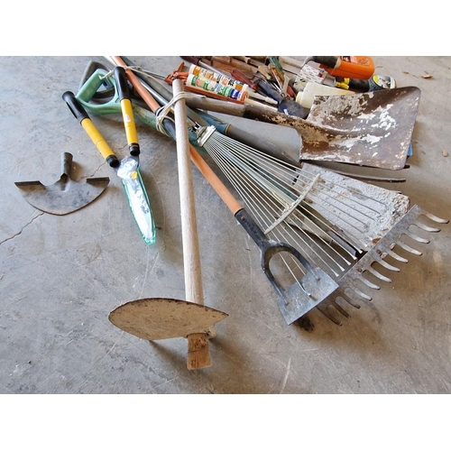 467 - Large Collection of Assorted Tools; Garden Rake, Spade, Shovel, Shears, Lawn Edger, Hammer, Trowels,... 